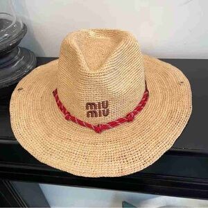 Miu Miu Natural Straw Hat with Red Band